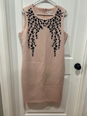 Calvin Klein Pink Sheath Dress with Black Floral Appliqué